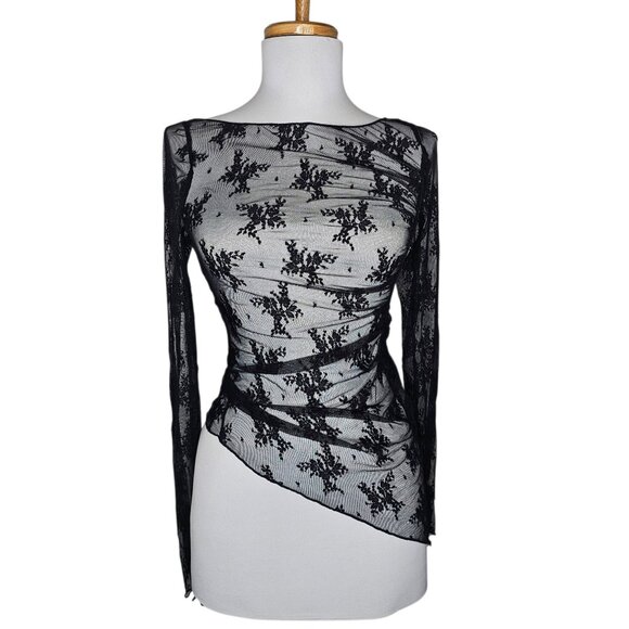 Intimately Free People Full Bloom Lace Top Long Slv Sheer Asymmetric Black NWT S - Picture 2 of 14